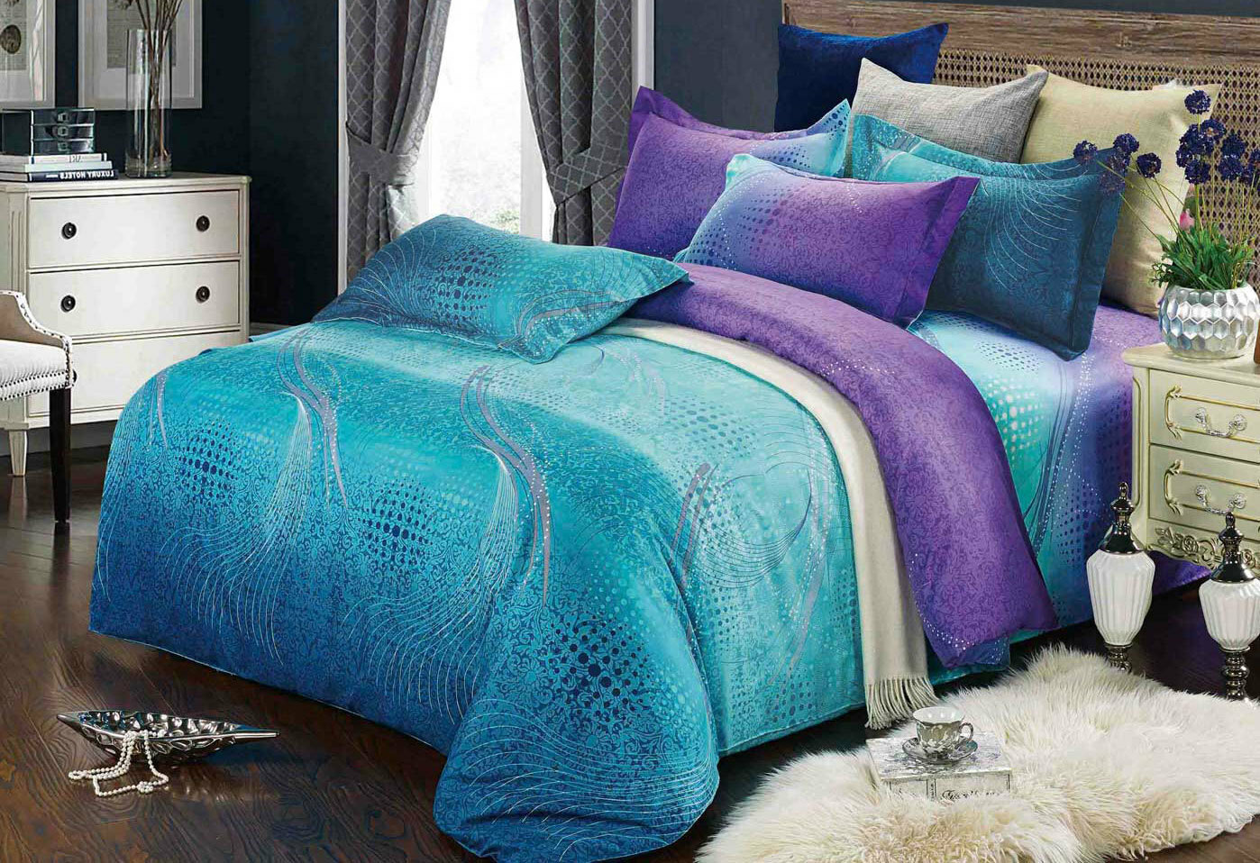 Aqua Purple Quilt Cover 3pc Turquoise Queen King Single Doona